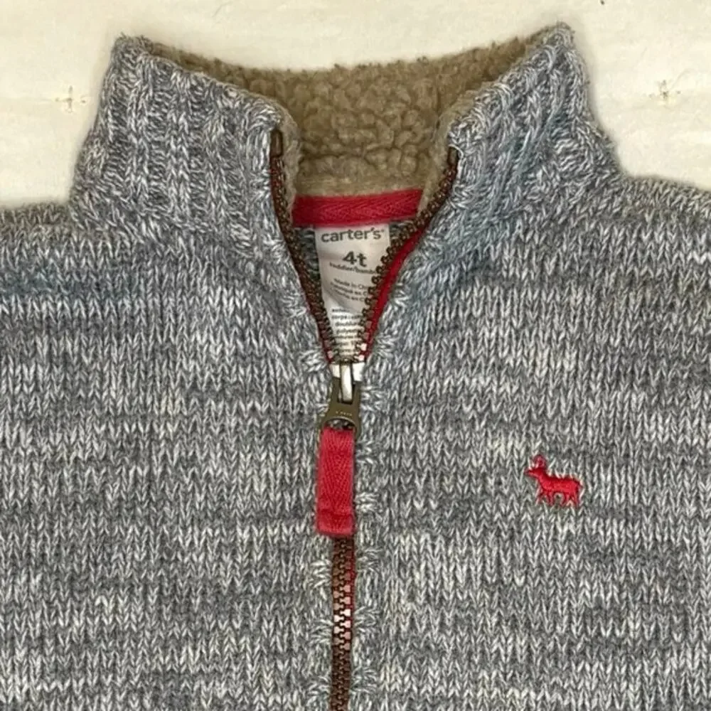Carter's Zip Up Cardigan Sweater Boys 4T Gray Marled Knit Reindeer Embroidery